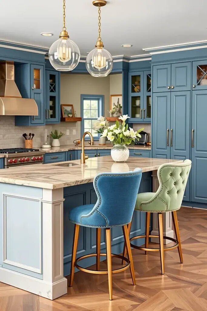 Blue and Sage Fabric for Custom Bar Stools
