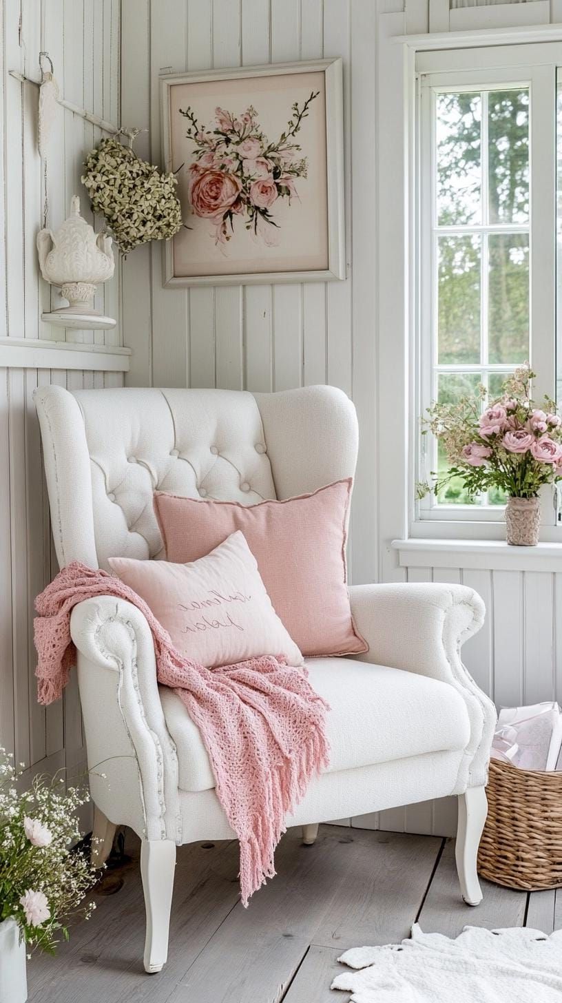 15. White She Shed with Blush Accents and Wingback Chair