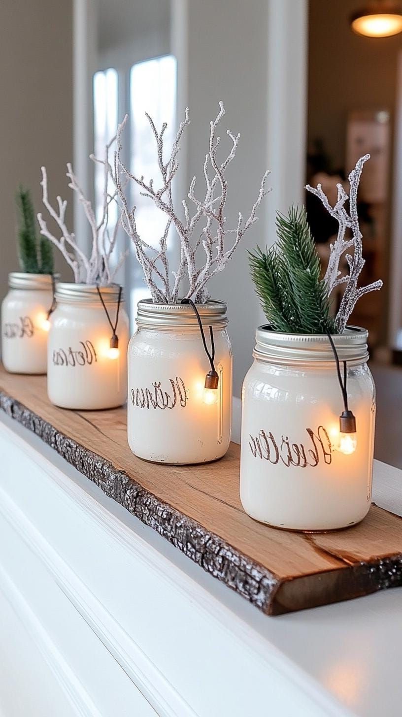 7. Fairy lights and frosted branches in mason jars