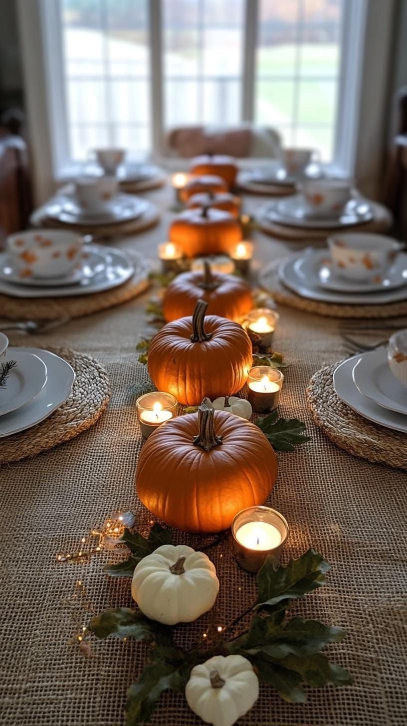 1. Mini Pumpkin Runner With Scattered Tea Lights on Burlap - photo 2