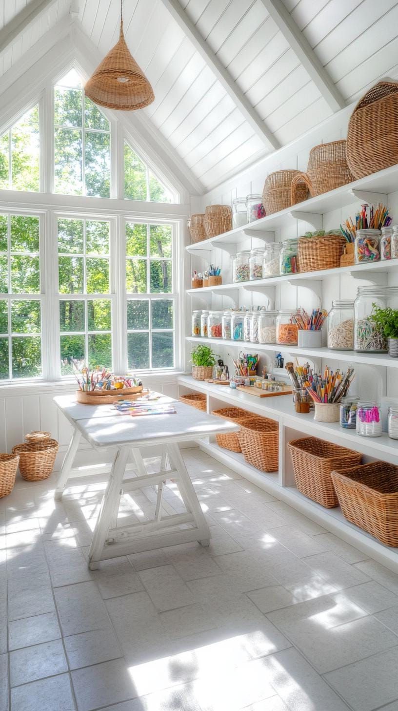 18. Sunny Craft Studio With Tall Storage Shelves