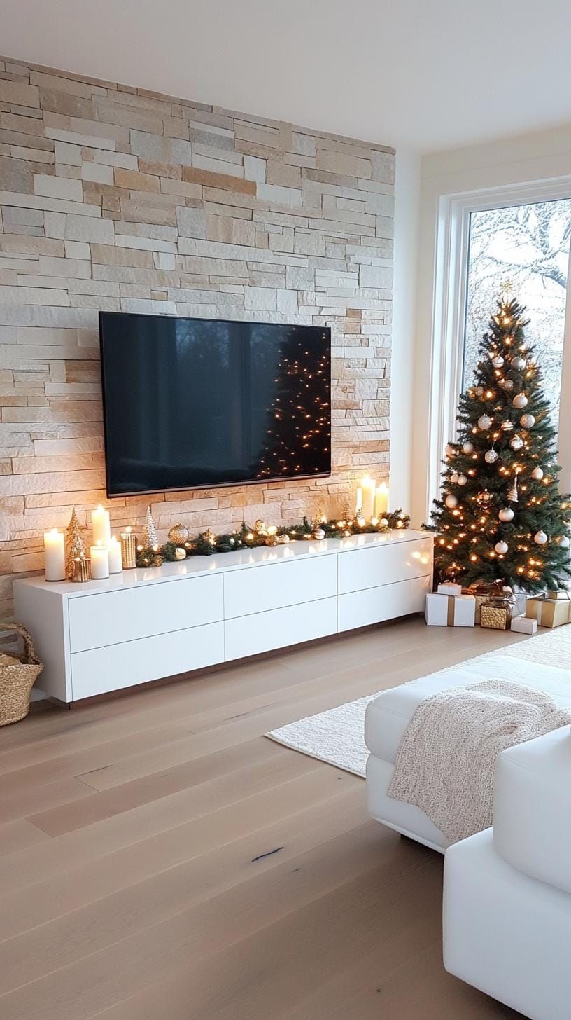 3. Modern minimalist TV stand with candles and a sleek tree