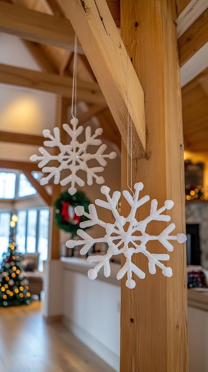 15. Snowflake ornaments hung from exposed beams