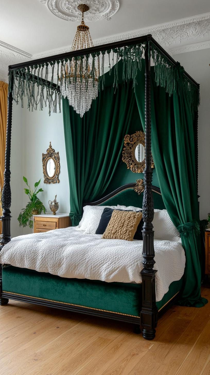 1. Velvet Canopy Bed With Macrame Drapes And Antiqued Patina Mirrors - photo 2