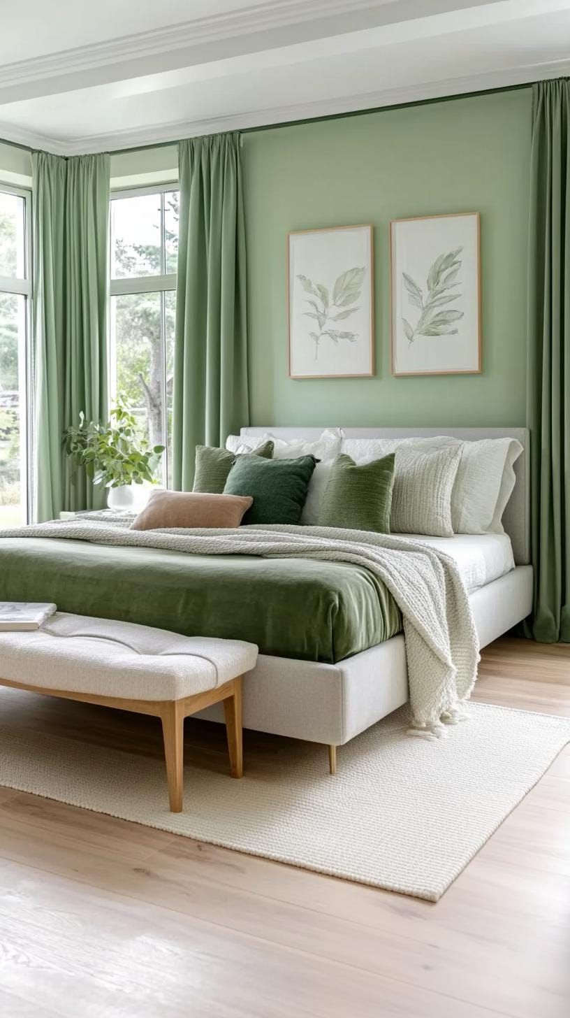 15. Monochrome Bedroom Using Layered Shades of Sage Green - photo 2