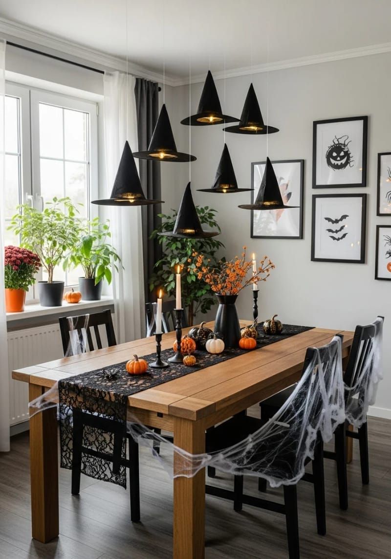 1. Floating Witch Hats with Hidden LEDs Over the Table - photo 3