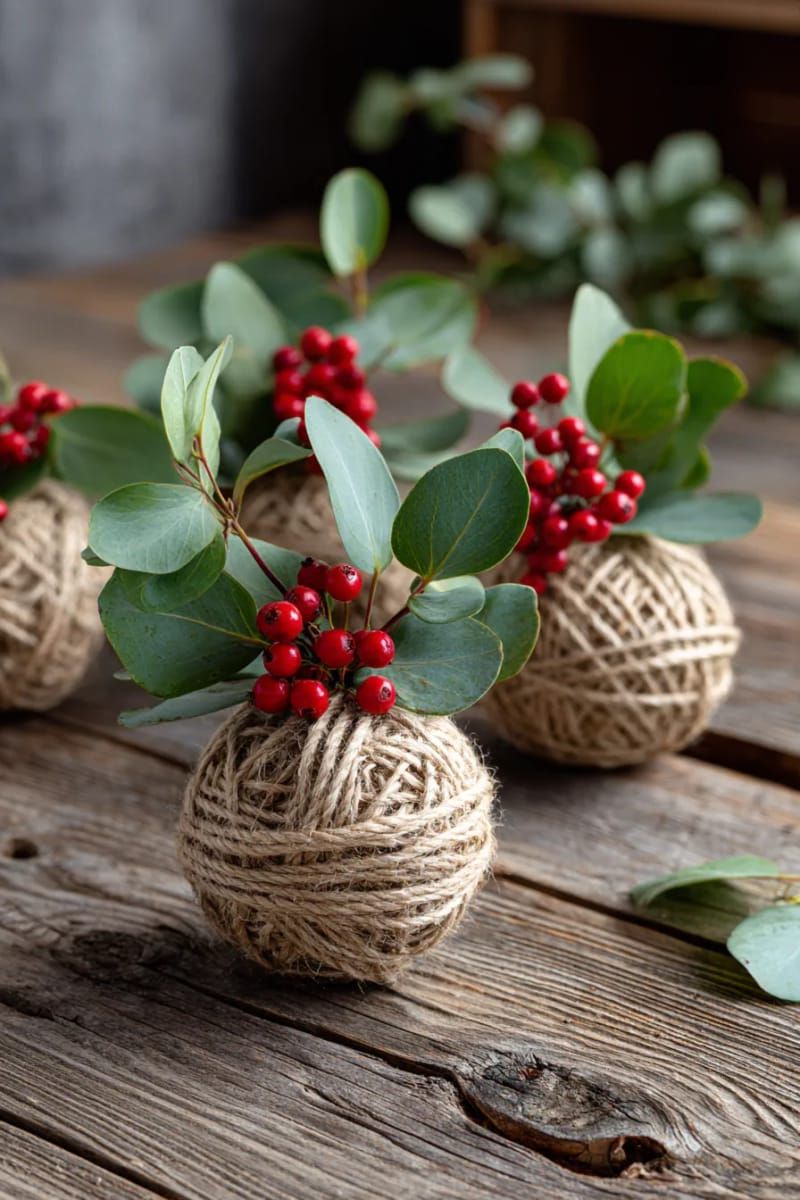12. Twine-wrapped ornaments with eucalyptus and berries