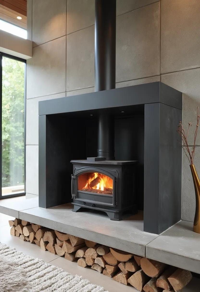 4. Sleek black metal fireplace with concrete surround and wood storage - photo 2