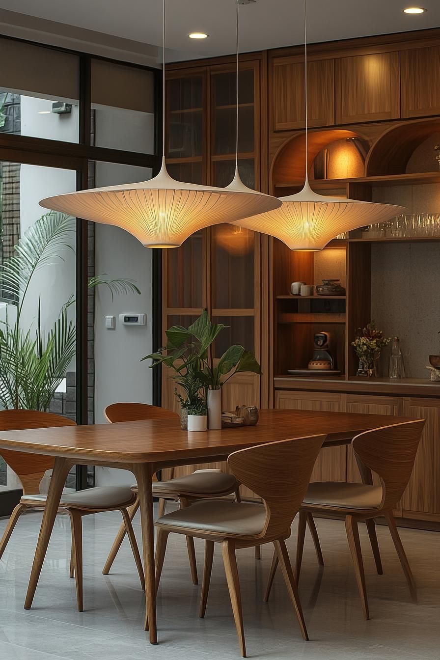 5. Sculptural Pendant Lights Above Dining