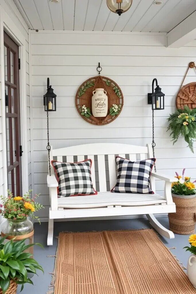 Farmhouse Charm: White Swings and Cozy Throws