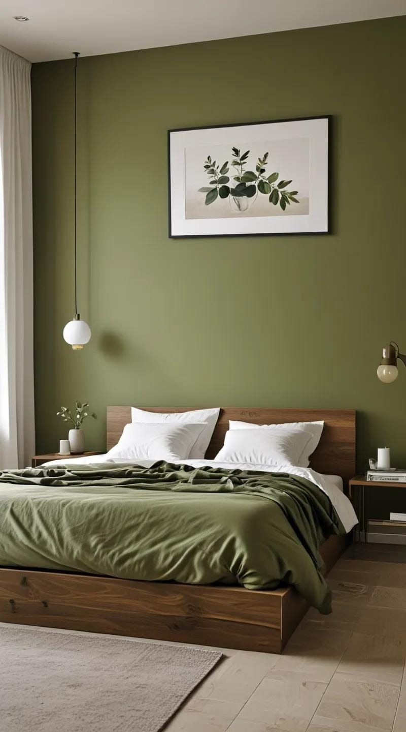 2. Olive Green and White Minimalist Bedroom