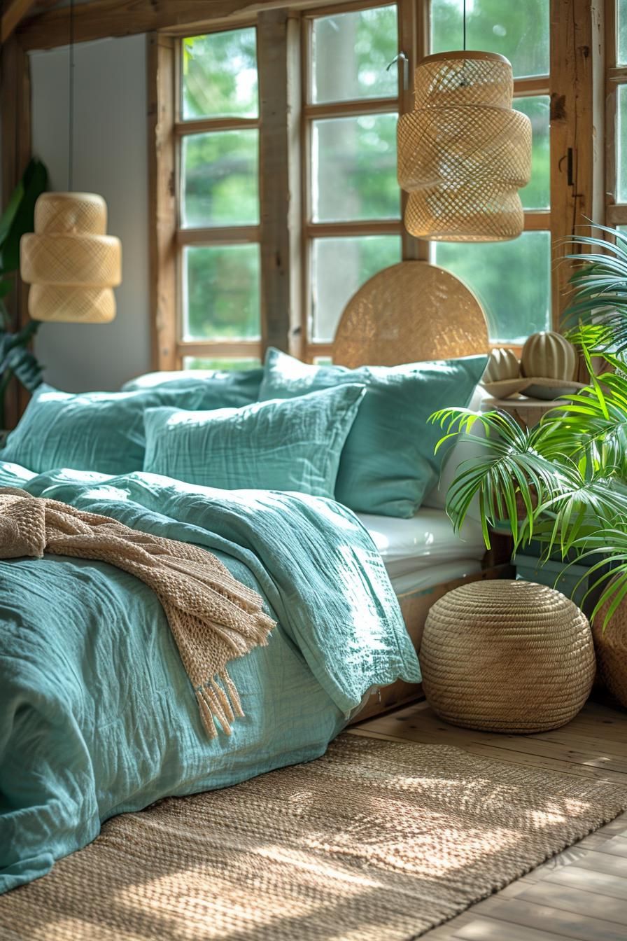 5. Aqua and Sand-Colored Bedding