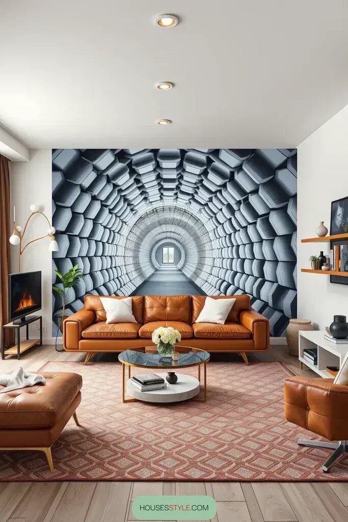 Living Rooms Containing Illusionary Optical Wall Art