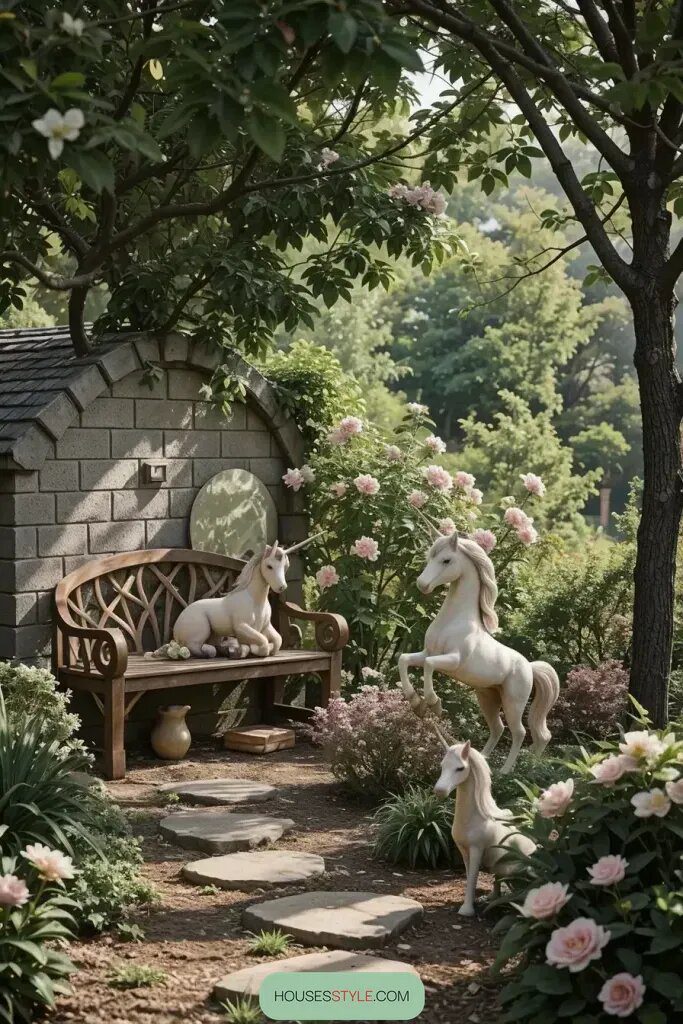 Unicorn Figurines Tucked Into Quiet Garden Corners