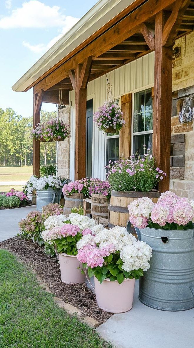 20. Shabby Chic Front Yard with Watering Can Accents