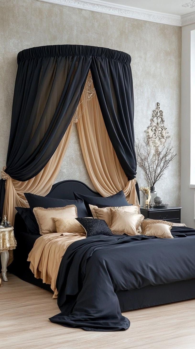 10. Dramatic black canopy bed with sheer drapes - photo 2
