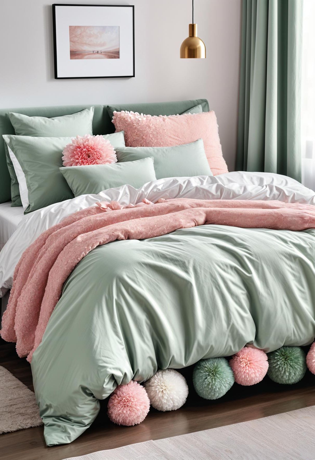 31. Pom Pom Bedding in Sage and Pink