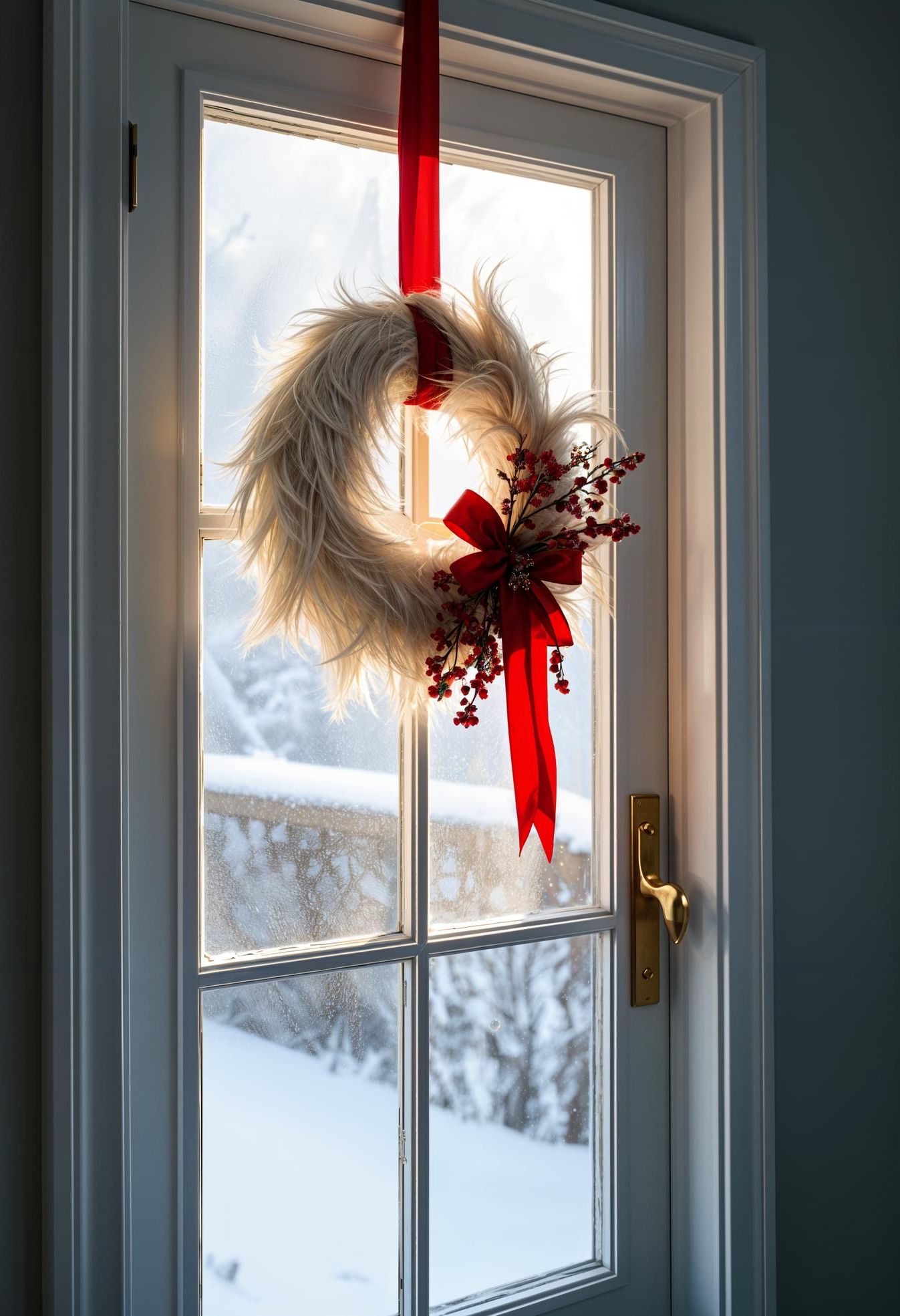 7. White Christmas Wreaths with Red Accents