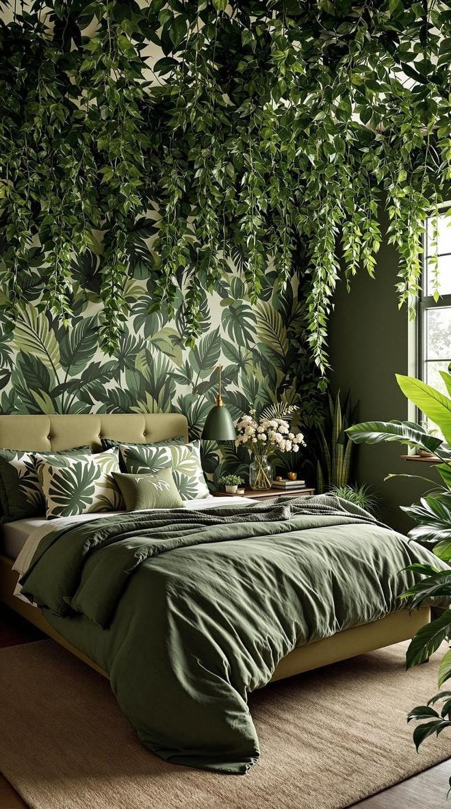 6. Olive Green Jungle Bedroom with Leafy Prints