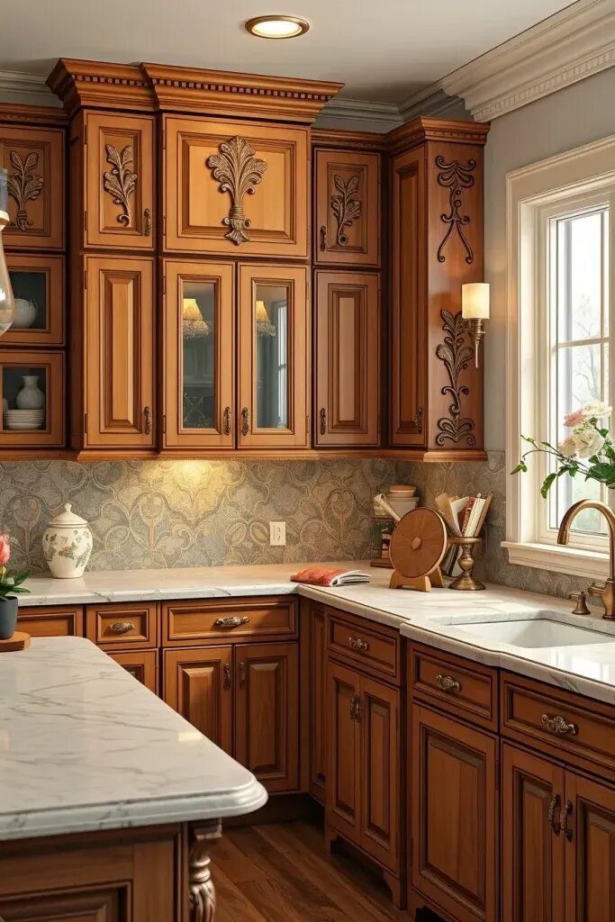Cabinets Featuring Carved Corner Details