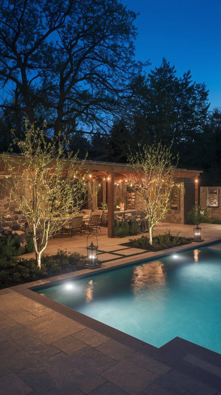 Backyard Pools Lit Up for Evening Ambiance