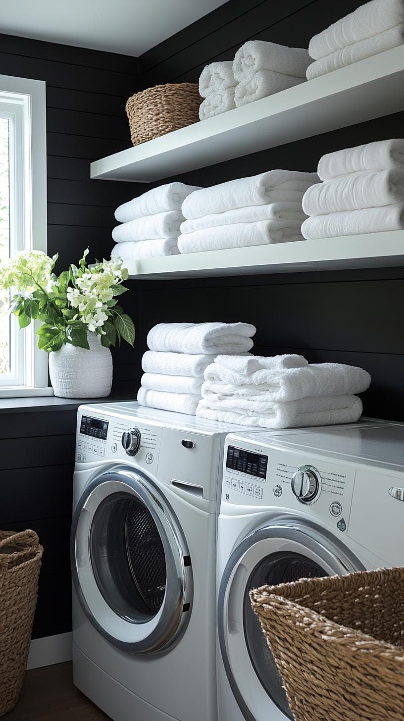 3. Modern black accent wall with floating shelves for linens