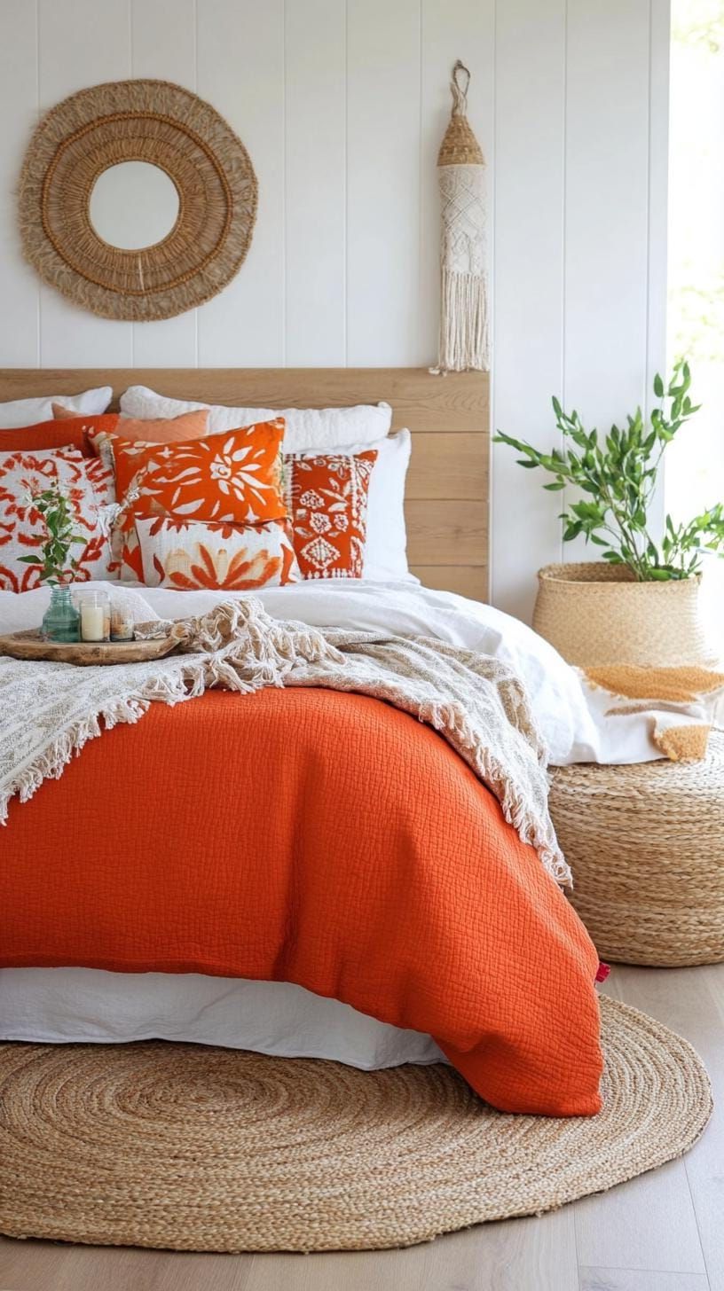 21. Orange-Toned Cushions and Layered Rugs