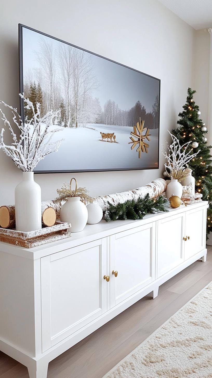 5. Scandinavian TV stand with lanterns and birch logs
