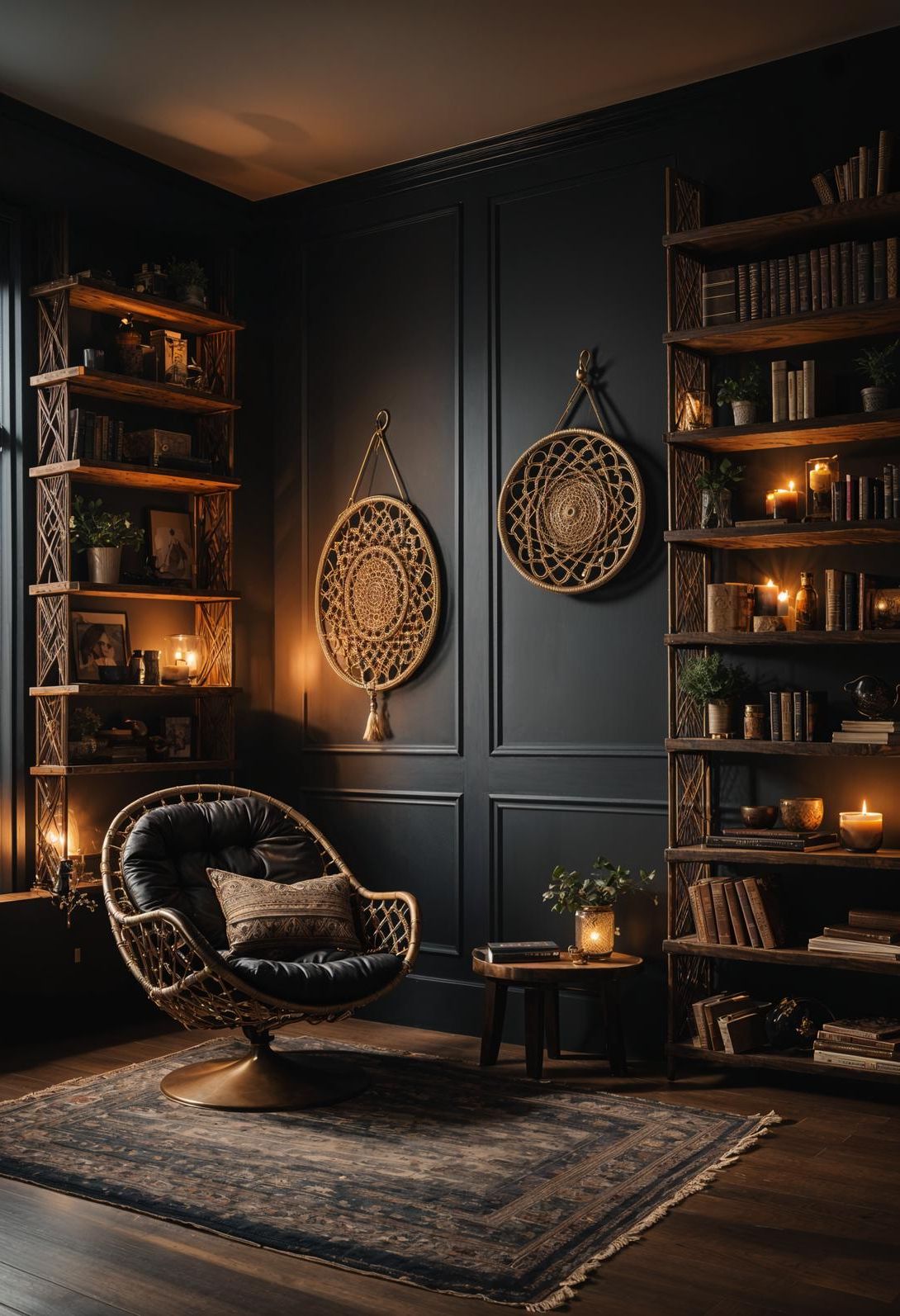 30. Cozy Reading Nook, Dark Boho Style