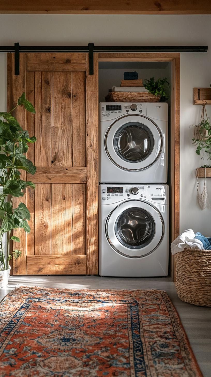 1. Stacked white washers behind natural wood barn door closet