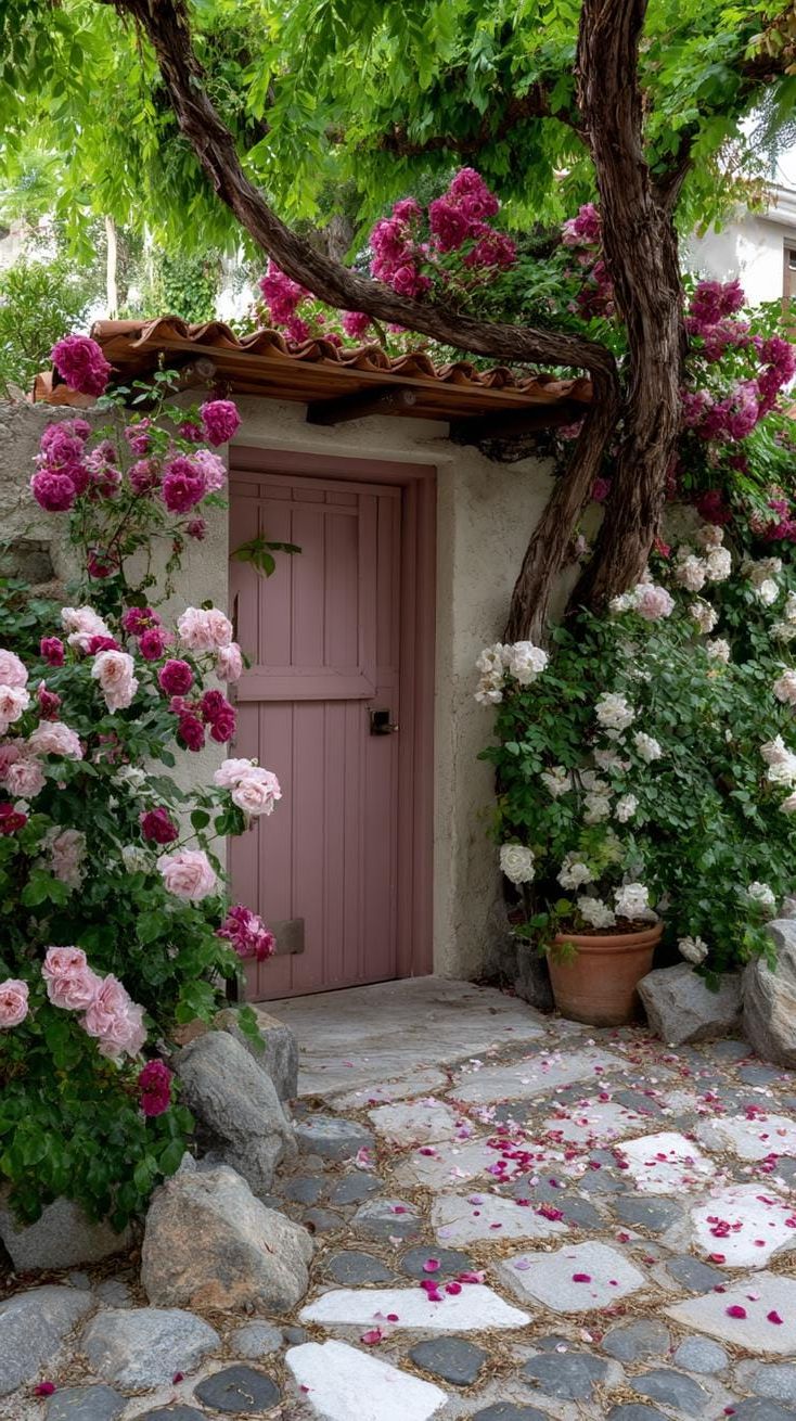 2. Weathered pink door surrounded by climbing roses - photo 3