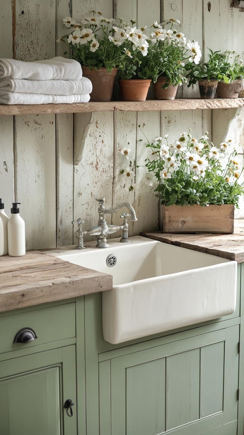 2. Sage green cabinets with farmhouse sink and open shelving - photo 2