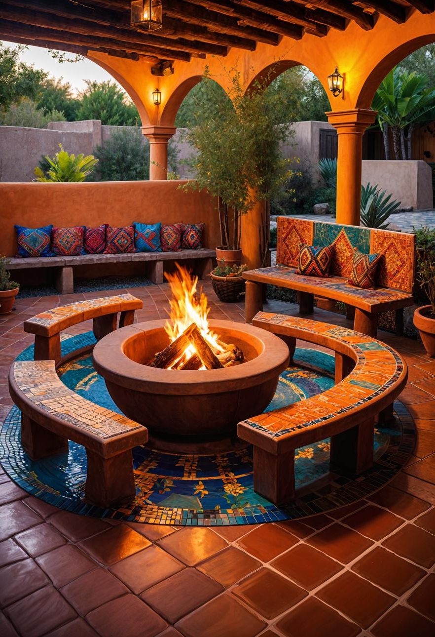 6. Mosaic Benches Around Fire Pits