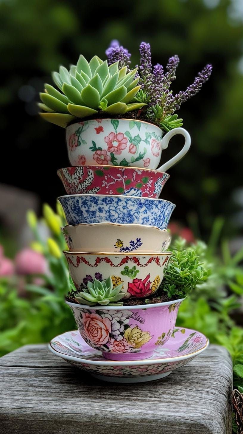 35. A Tiered Teacup Tower Filled with Succulents