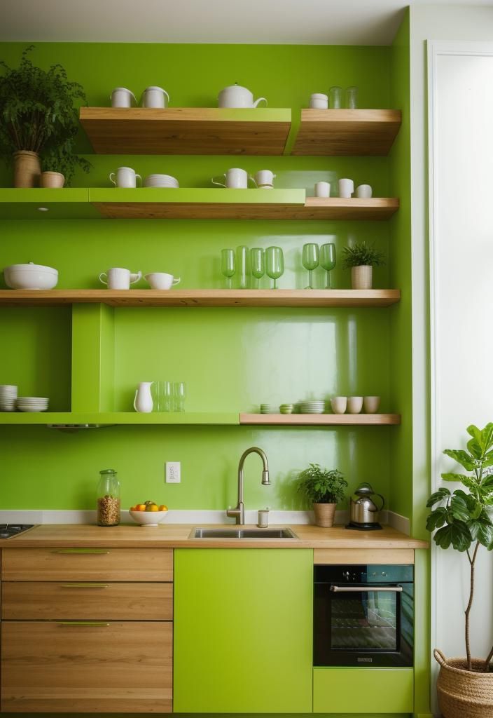 8. Lime Green Cabinets with Wood Shelving - photo 2