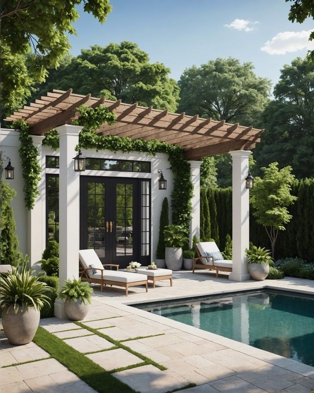 Pool House Entrance Framed by a Pergola