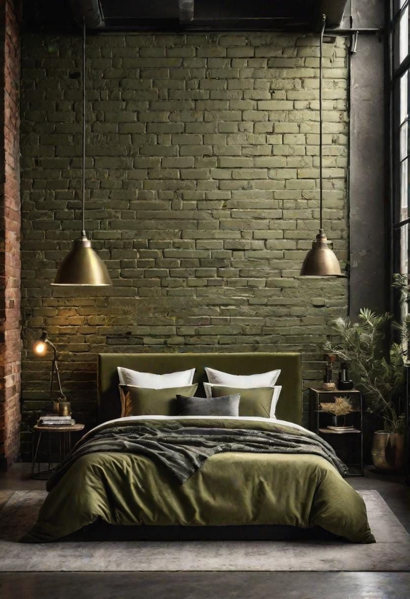 9. Olive Green Industrial Bedroom with Exposed Brick - photo 2