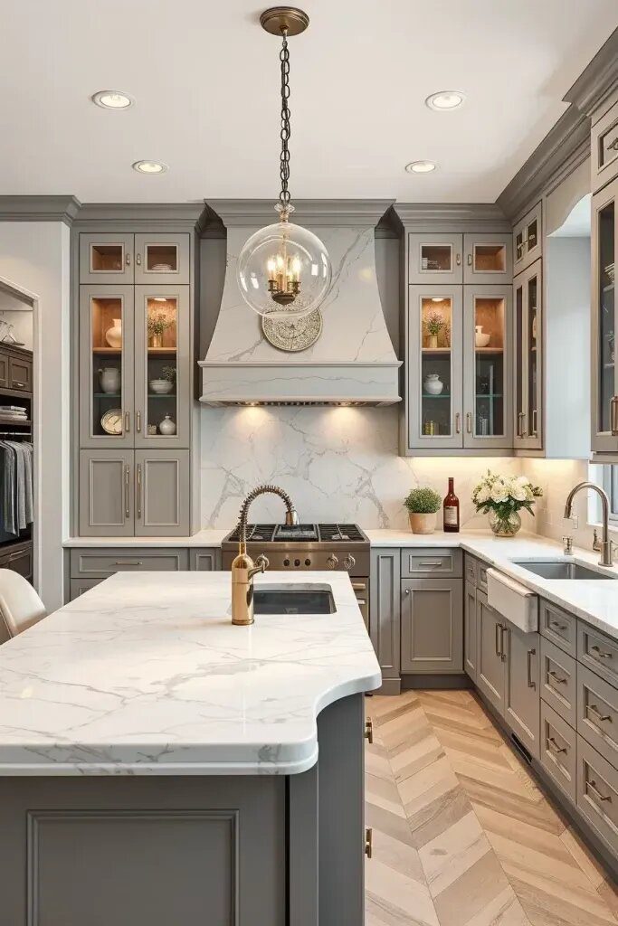 Gray Cabinets Paired with Marble Countertops
