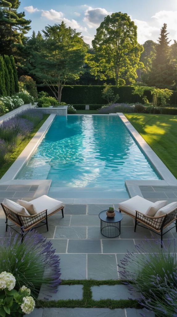 20. Long Rectangular Pool With Lavender Border and Wide Coping