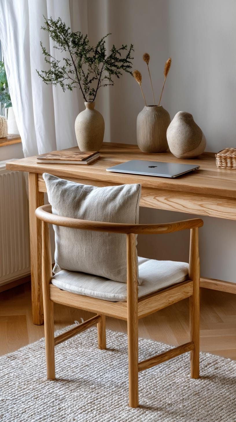 14. Japandi Desk Setup with Soothing Earthy Colors