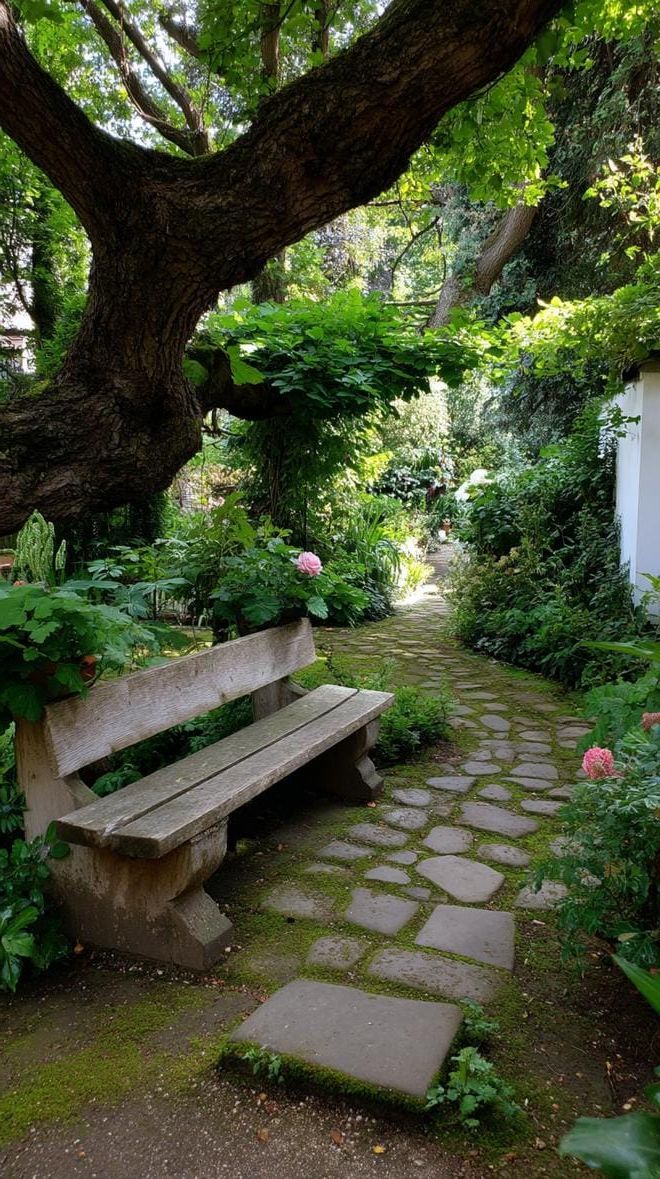 16. Garden bench tucked beside mossy stepping stones