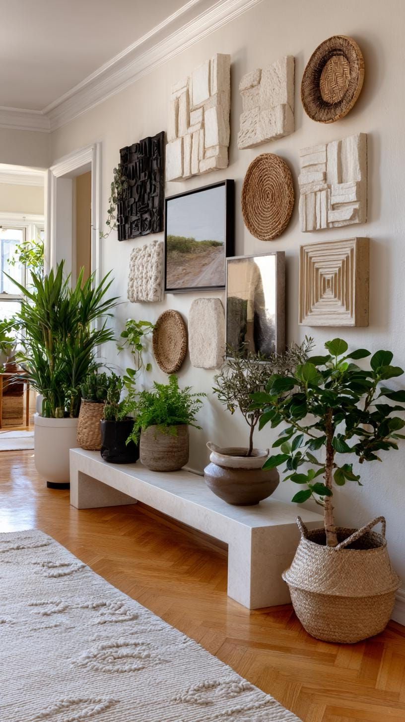 9. Eclectic Wall Mixing Canvas Mirrors and Macramé