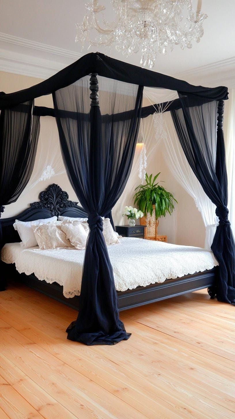 10. Dramatic black canopy bed with sheer drapes - photo 3
