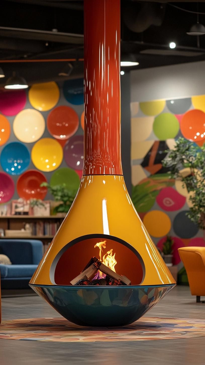 3. Retro cone-shaped suspended fireplace in bold accent colors