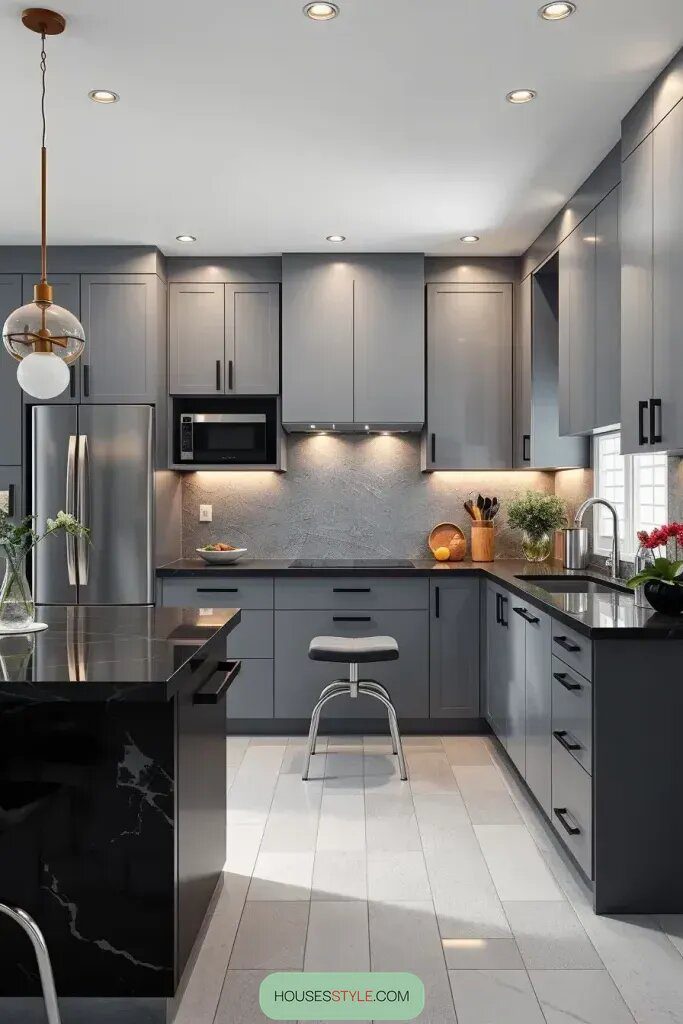 Gray Cabinets with Black Countertops for Contemporary Style - photo 2