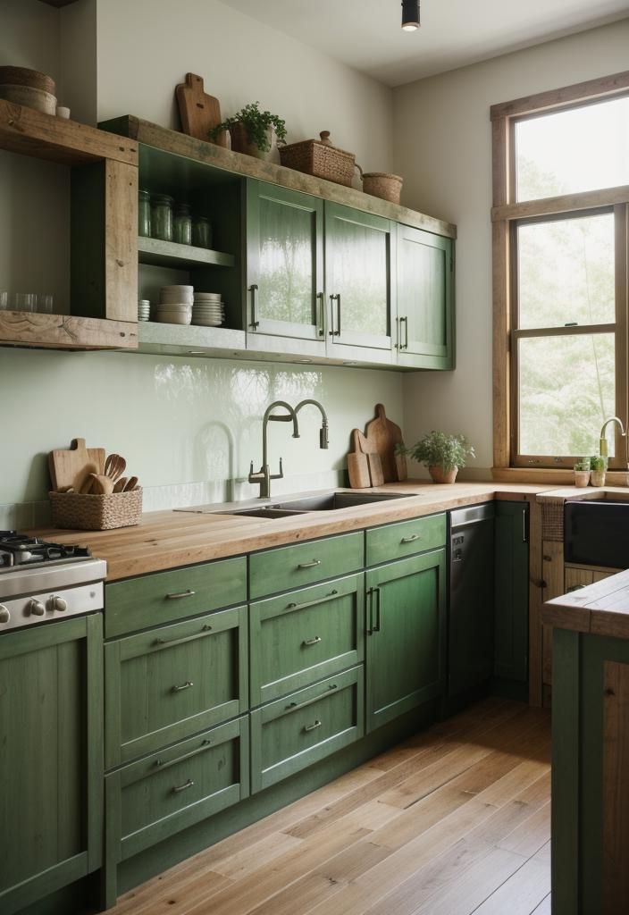 26. Avocado Green Cabinets with Reclaimed Wood