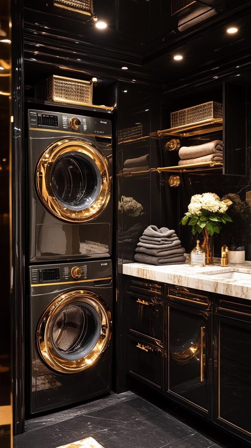 16. Luxury laundry room with marble counters and brass hardware