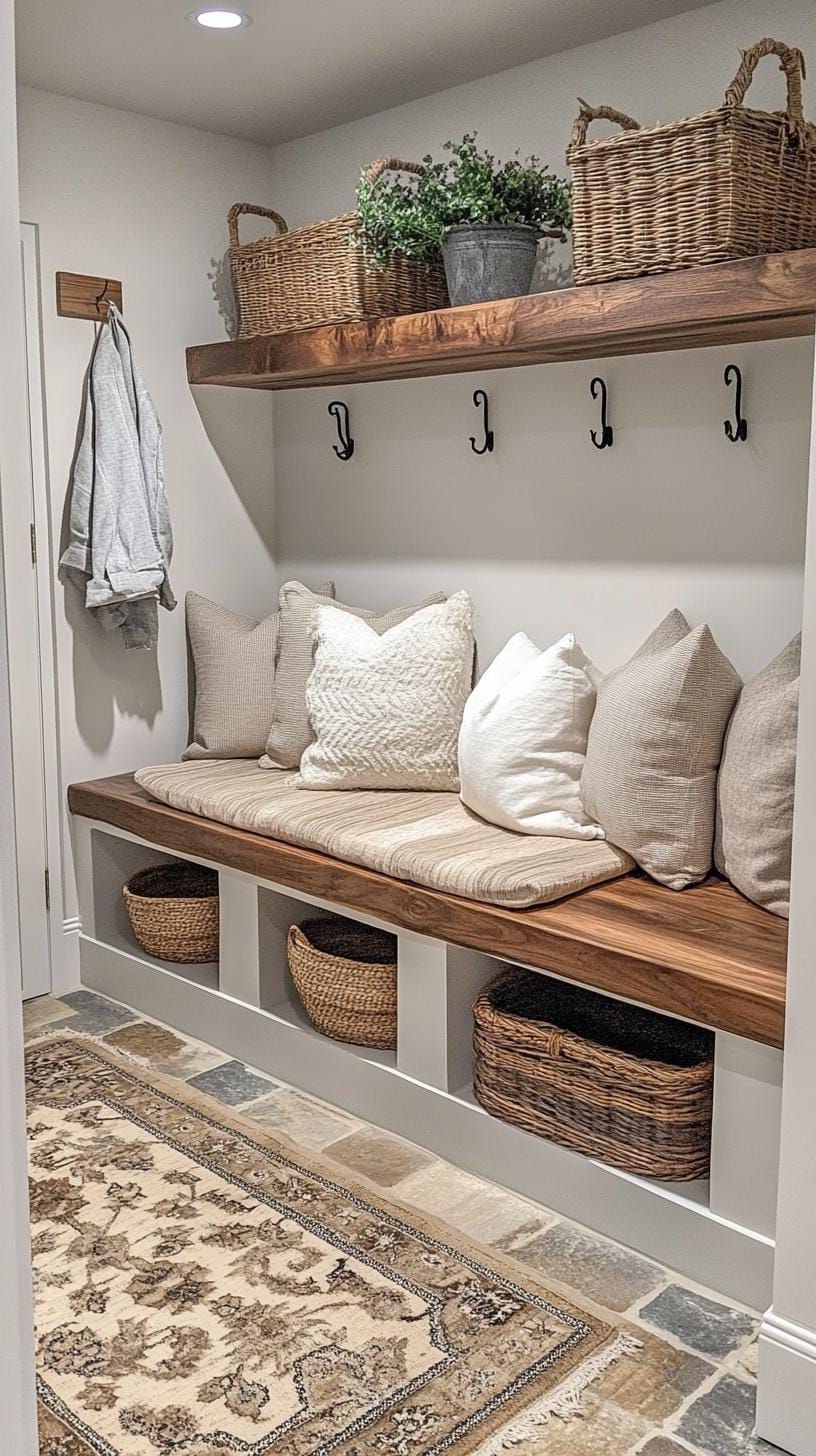8. Compact mudroom and laundry combo with built-in bench