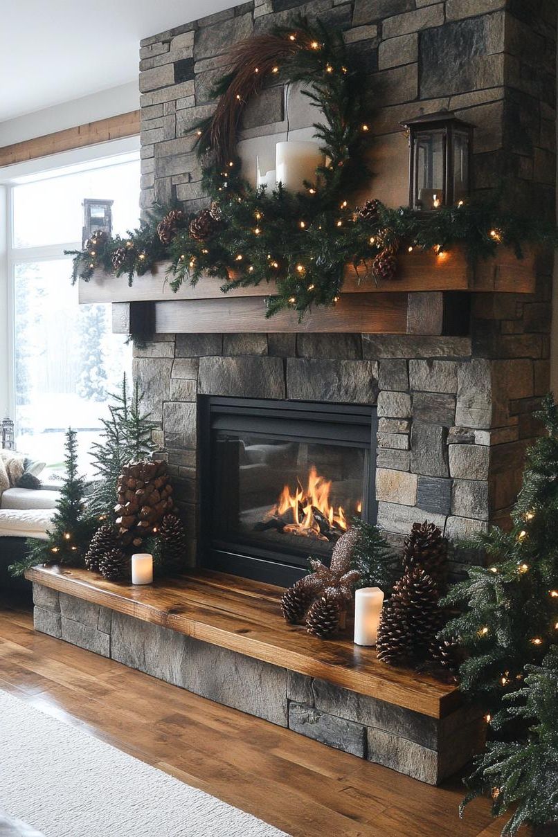 3. Rustic Wood and Pine Cone Mantle Decor
