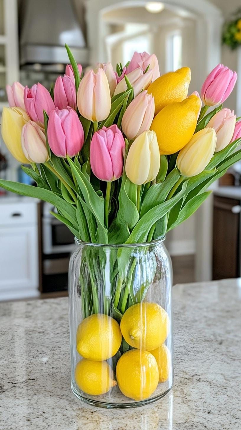 14. Yellow Tulip Bouquet In A Lemon-Filled Vase